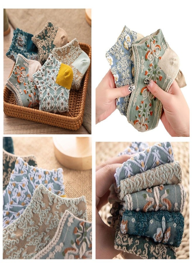 YYaaloa Low Cut Athletic cute Socks with Cute Vintage Embroidered Floral breathable Casual socks for Women Girl (US, Alpha, One Size, Regular, Regular, A- 5pairs) - Image 4