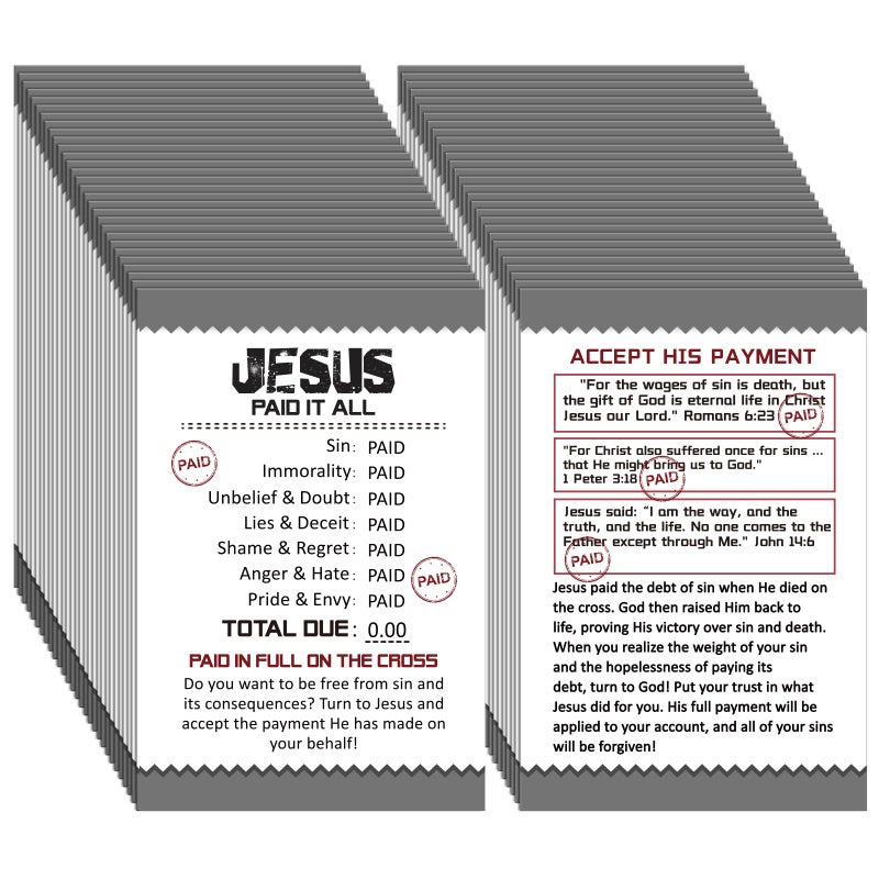 Noveread 200 Pcs Gospel Tract Card Salvation Cards Pocket Holy Postcard Prayer Postcards Christian Inspirational Bible Verses Bookmark for Christian Gift (Jesus Paid It All) - Image 1