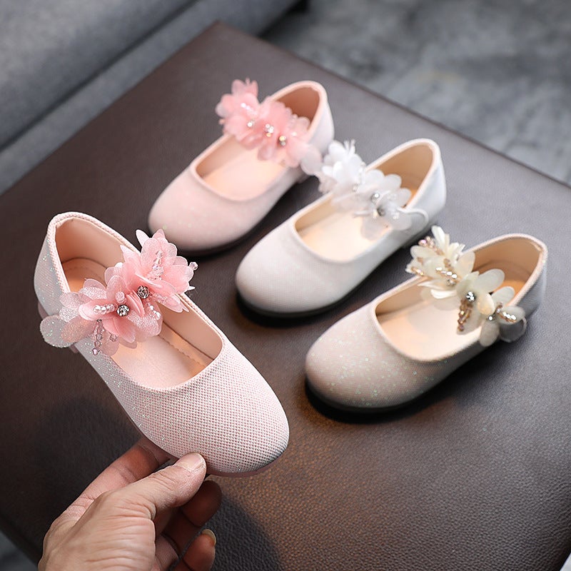 2021 New Solid Color Girls' Rhinestone String Flower Small Shoes Children'S Flat Shoes Korean Style Small Leather Shoes Girls Dance Shoes - Image 3
