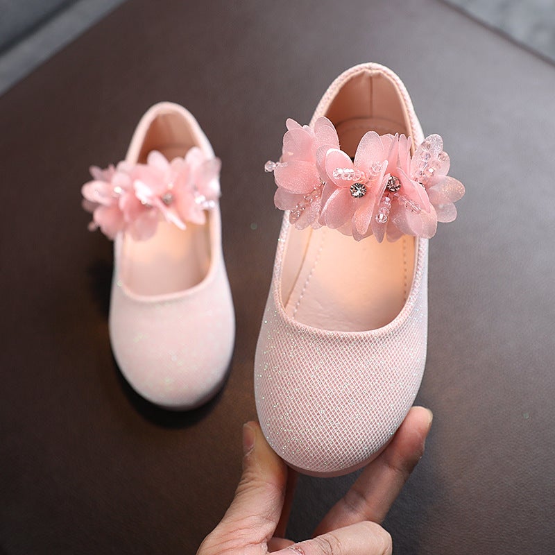 2021 New Solid Color Girls' Rhinestone String Flower Small Shoes Children'S Flat Shoes Korean Style Small Leather Shoes Girls Dance Shoes - Image 4