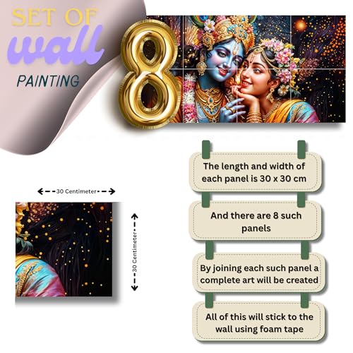 Nozvera 8 Pcs Radha Krishna MDF Wall Painting, UV Sparkle Laminated, 25x48 Inch Panel Art for Living Room & Home Decor - Image 3