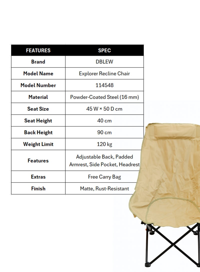 DBLEW Adjustable Reclining Folding Camping Chair with High Back, Headrest & Side Pocket – Lightweight Portable Outdoor Chair with 3-Position Backrest & Carry Bag for Camping, Fishing, Beach Trips, Picnics & Outdoor Parties - Image 2