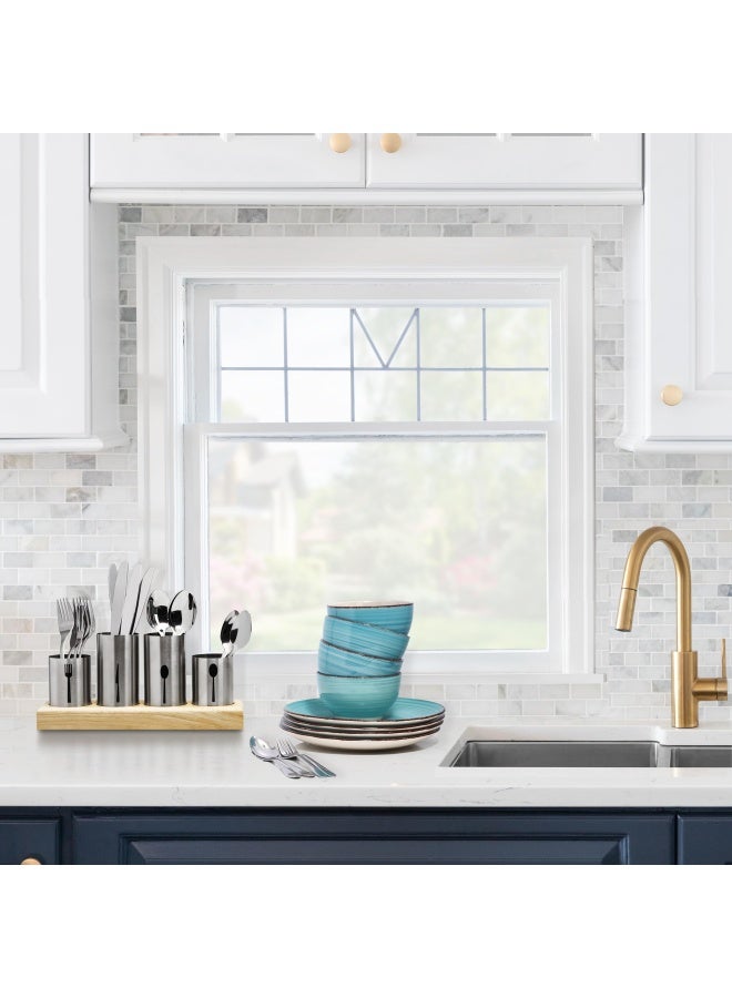 Sorbus Silverware Holder with Caddy for Spoons Knives Forks etc - Ideal for Kitchen Dining Entertaining Buffet Picnic and more - Stainless Steel with Bamboo Wood Base - Image 2