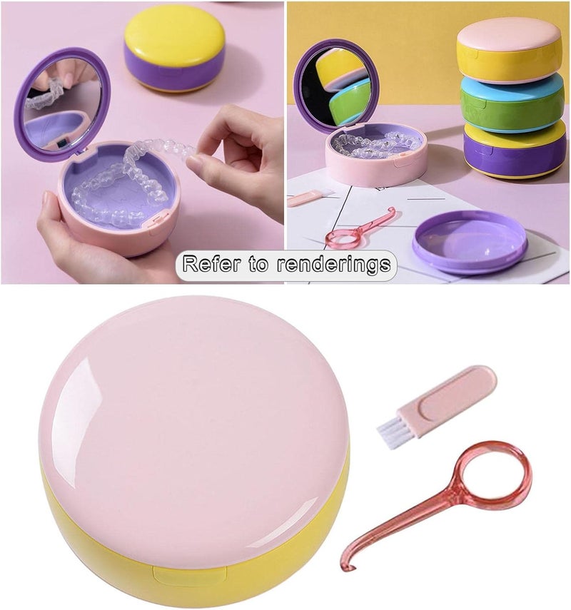 klarako Dual Layer Denture Retainer Case Breathable with Mirror Portable Mouth Guard Container Holder for Clear Aligner with Removal Tool Tray  Pink Yellow - Image 5