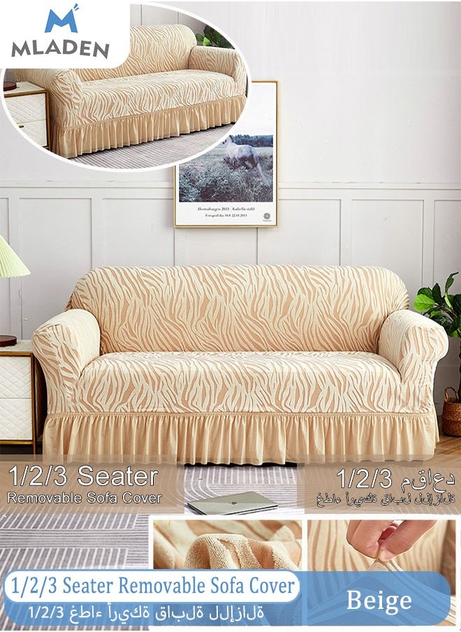 MLADEN 1/2/3 Seater One Piece Removable Sofa Slipcover Couch Cover Universal Furniture Protector Cover Washable High-stretch with Skirt Sofa Cover Living Room Furniture Couch Slipcover Armchair（Beige）  - Image 1