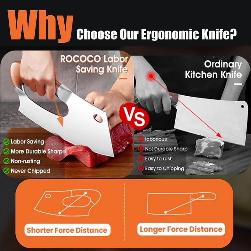 ROCOCO Meat Cleaver Knife Unique Effort Saving Kitchen Knife Professional Stainless Steel Chef Cooking Knives for Cutting Meat Vegetable Father Mother Christmas Gift Red - Image 3