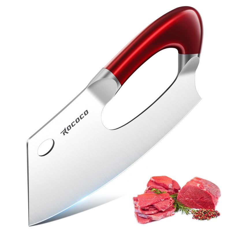 ROCOCO Meat Cleaver Knife Unique Effort Saving Kitchen Knife Professional Stainless Steel Chef Cooking Knives for Cutting Meat Vegetable Father Mother Christmas Gift Red - Image 1