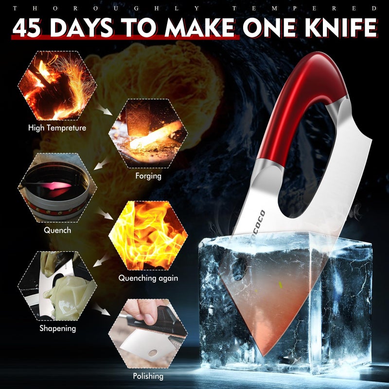 ROCOCO Meat Cleaver Knife Unique Effort Saving Kitchen Knife Professional Stainless Steel Chef Cooking Knives for Cutting Meat Vegetable Father Mother Christmas Gift Red - Image 4