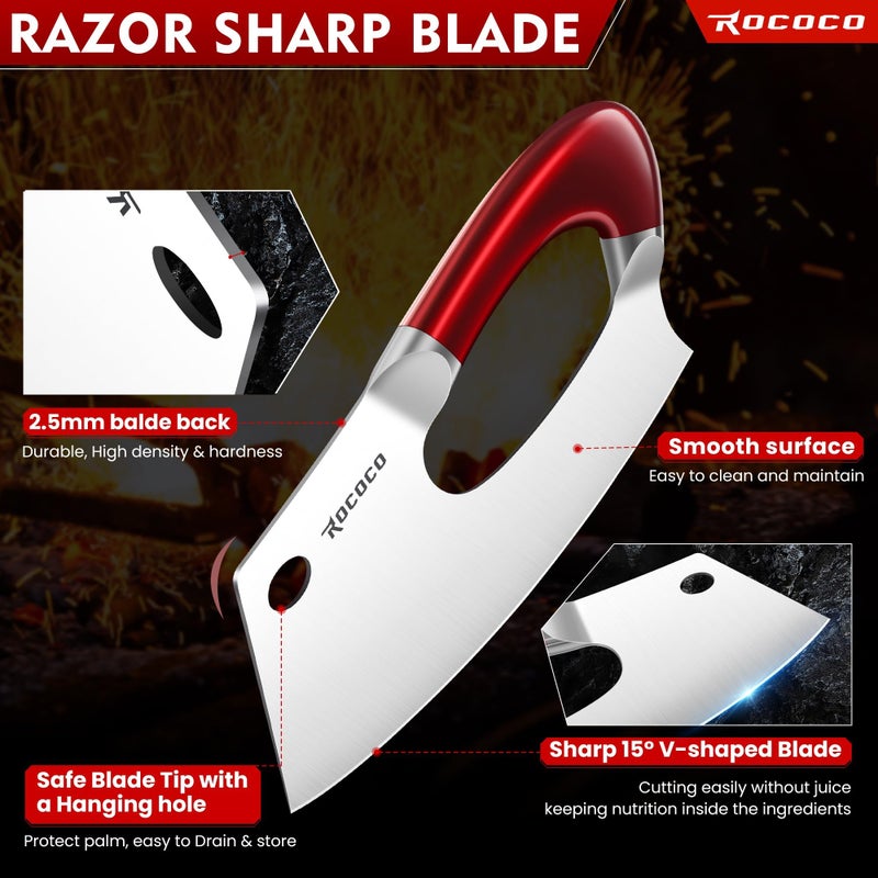 ROCOCO Meat Cleaver Knife Unique Effort Saving Kitchen Knife Professional Stainless Steel Chef Cooking Knives for Cutting Meat Vegetable Father Mother Christmas Gift Red - Image 5