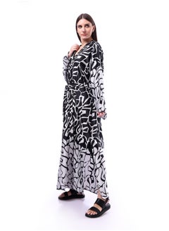 Andora Elegant Abstract Patterned Koftan Dress _ Black & White  - Image 3