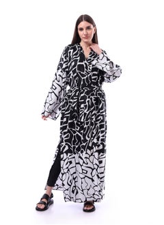 Andora Elegant Abstract Patterned Koftan Dress _ Black & White  - Image 2