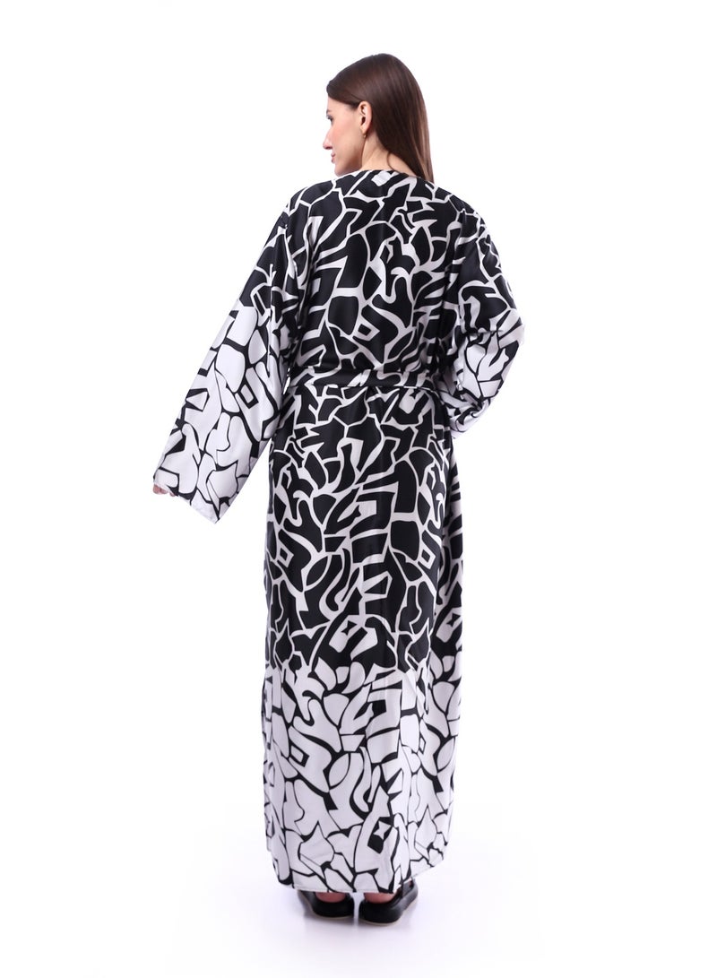 Andora Elegant Abstract Patterned Koftan Dress _ Black & White - Image 4
