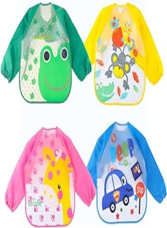4 Pcs Bibs with Sleeves Baby Feeding Bibs Waterproof Long Sleeved Bib Plastic Washable Weaning Bibs Toddler Painting Apron Bibs for Toddlers Baby Boys & Girls 6 Months to 36 Months, Multi, One Size