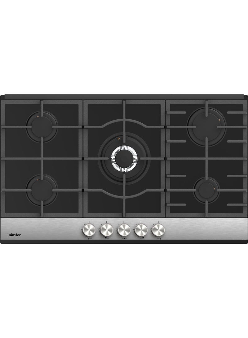 Simfer Built-In Gas Hob 90 cm Titanium Finish, 5 Sabaf Burners, Front Control Knobs, Heavy-Duty Cast Iron Pan Supports, Auto Ignition, Full Safety – Model H9505AGSSP - Image 2