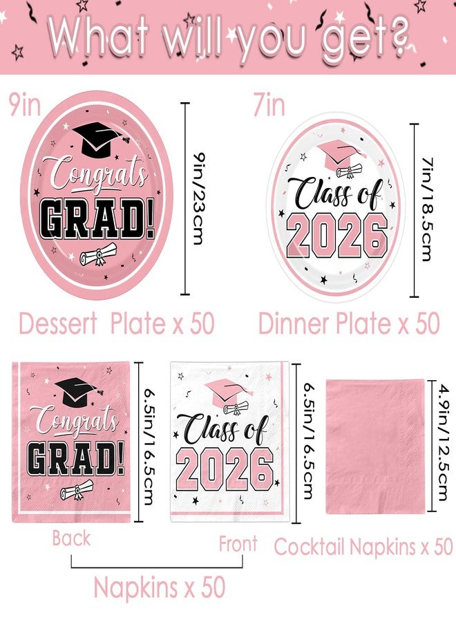 Peghoqu Graduation Party Plates and Napkins Pink Class of 2026 Grad Congrats Party Supplies Disposable Dessert Paper Plates Cocktail Napkins forGraduation Party Decorations,Serve 50 - Image 4