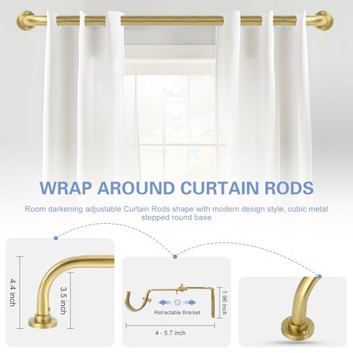 TANGWIN Gold Wrap Around Curtain Rods 28 to 48 Inch:Blackout Heavy duty Adjustable Window Curtain Rod for Bedroom,Industrial Darkening Curved French Metal Single Drapery Rods Easy Install,Brushed Gold - Image 5