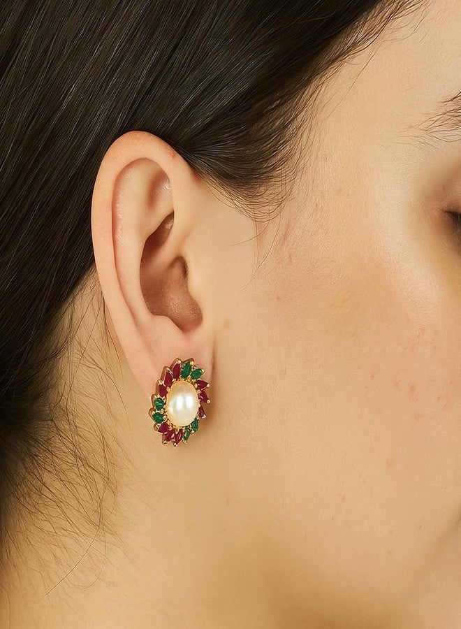 MOONPLUS Gold Plated Elegant Floral Design Stone Earring| Thodu for Women and Girls|Ideal for Kurta Chudi and Sarees - Image 2