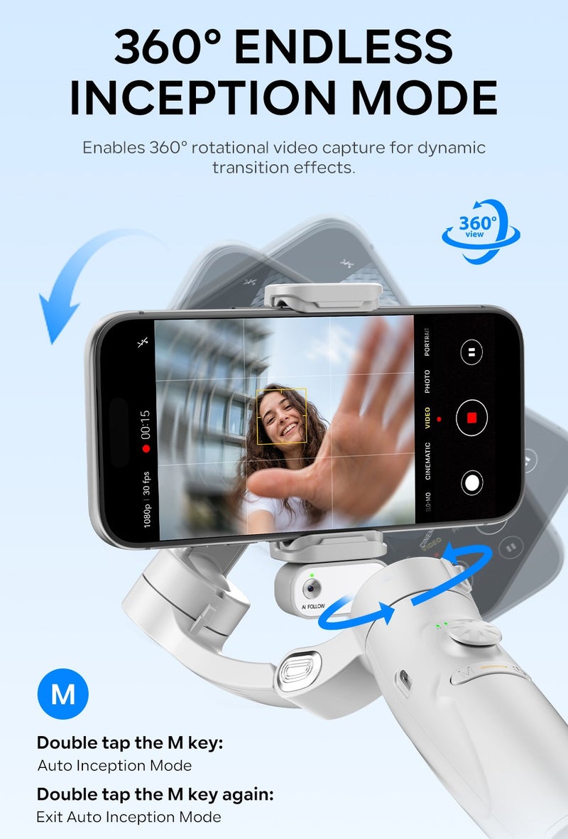 ICEDI AI Tracking 6.0 Handheld Gimbal Stabilizer, 3-Axis Smartphone Stabilizer, Face Tracking Auto Follow, 360° Rotation Mode, Gesture Control, Smart Framing, Foldable Anti-Shake Gimbal Stabilizer - Image 4