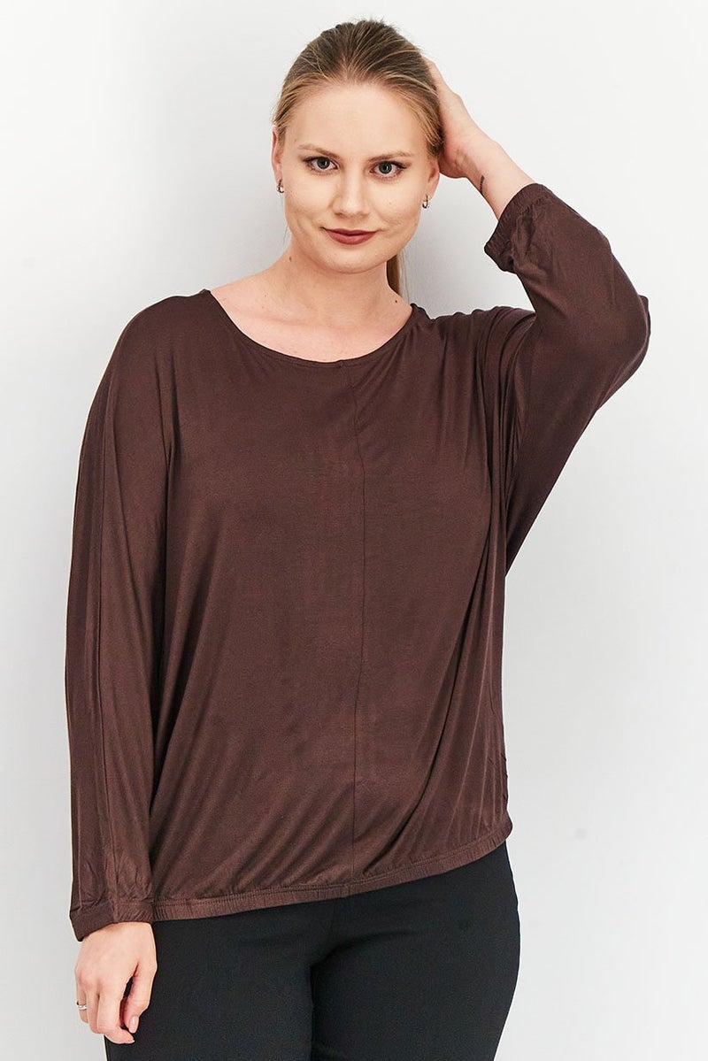 Tchibo بلوزة نسائية بياقة دائرية وأكمام باتوينغ بسيطة، بني - Image 1