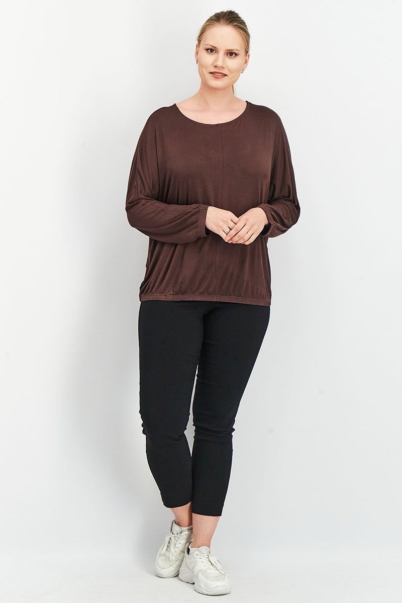 Tchibo بلوزة نسائية بياقة دائرية وأكمام باتوينغ بسيطة، بني - Image 3