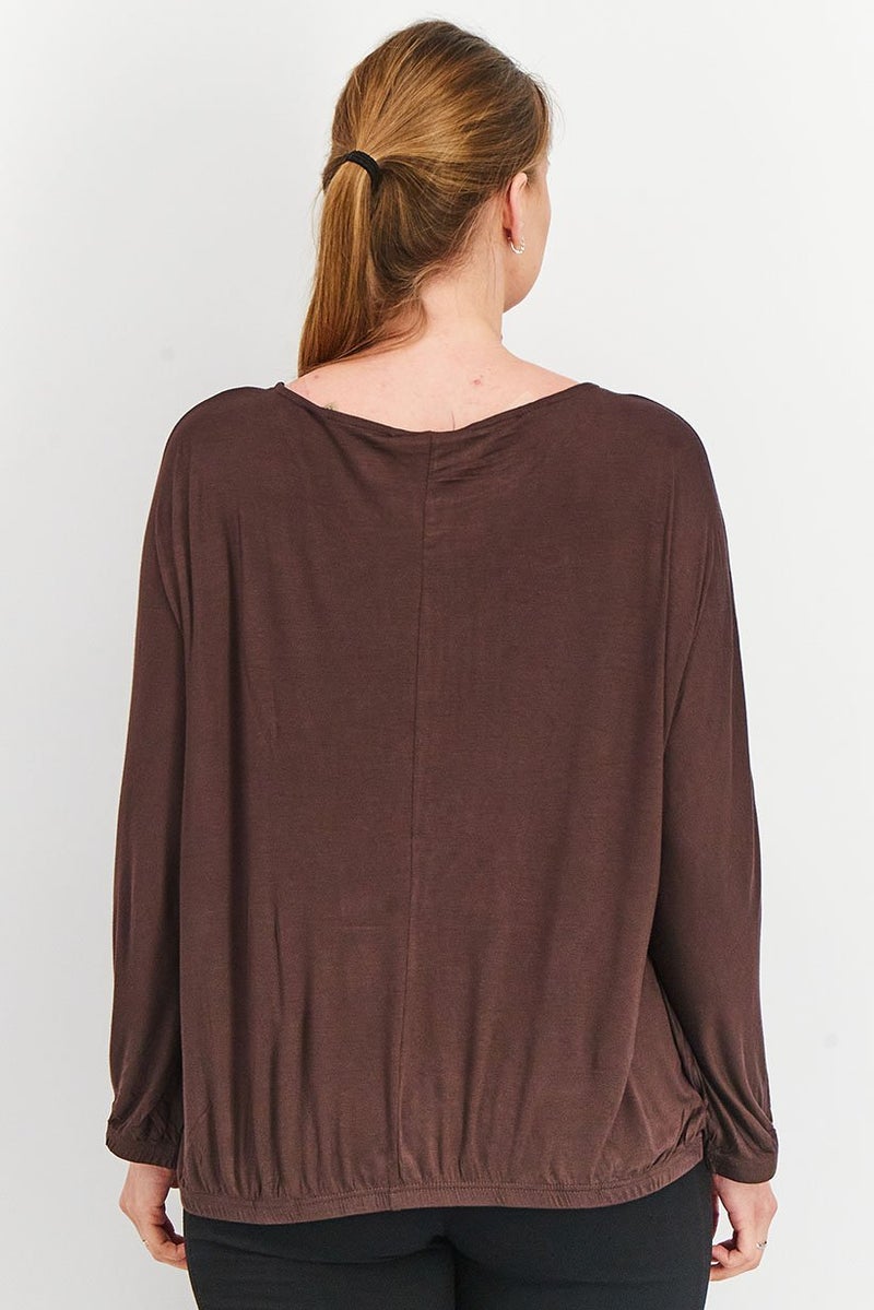 Tchibo بلوزة نسائية بياقة دائرية وأكمام باتوينغ بسيطة، بني - Image 2