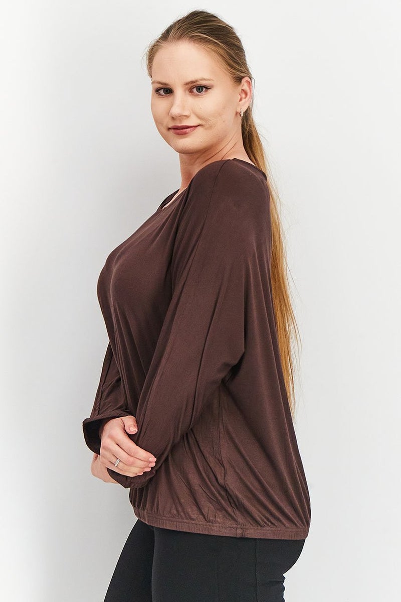 Tchibo بلوزة نسائية بياقة دائرية وأكمام باتوينغ بسيطة، بني - Image 4