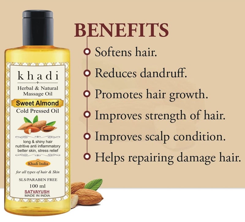 Satvayush Khadi Badam (Sweet Almond) Oil, 100% Pure Cold Pressed & Sweet Almond Oil for Glowing Skin & Hair Growth, 100ml - Image 3
