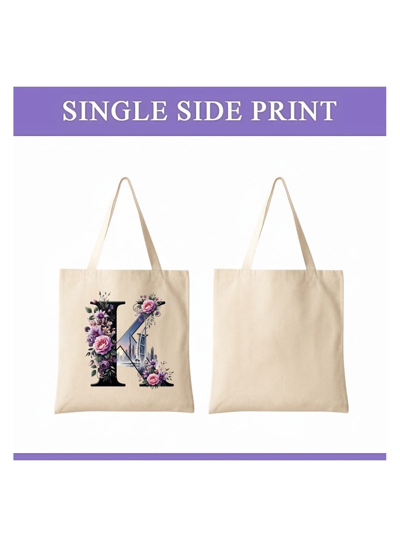 برينت شوب فور مي حقيبة تسوق صديقة للبيئة بنقشة أحرف أولية - حقيبة تسوق قماشية بطبعة زهور وأفق دبي | هدية قابلة لإعادة الاستخدام لإشبينة العروس، هدايا زفاف، حقيبة حمل يومية - Image 2