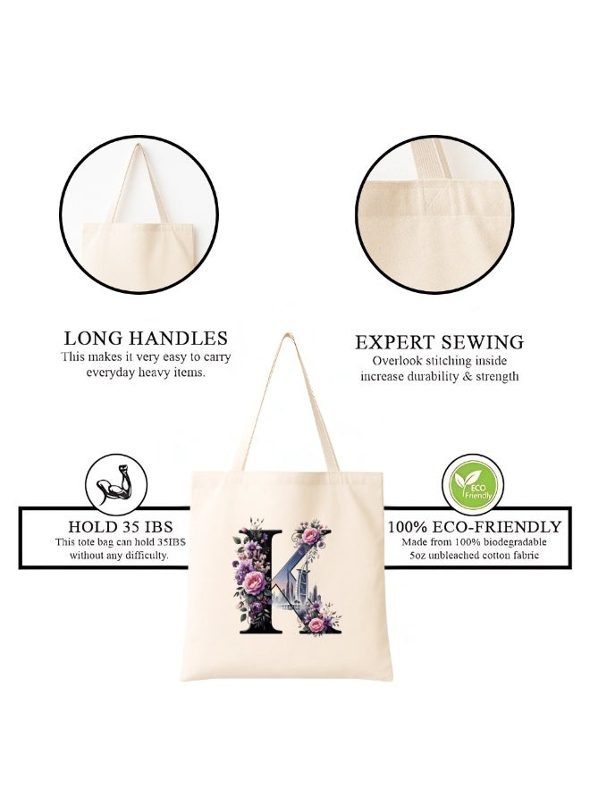 برينت شوب فور مي حقيبة تسوق صديقة للبيئة بنقشة أحرف أولية - حقيبة تسوق قماشية بطبعة زهور وأفق دبي | هدية قابلة لإعادة الاستخدام لإشبينة العروس، هدايا زفاف، حقيبة حمل يومية - Image 4