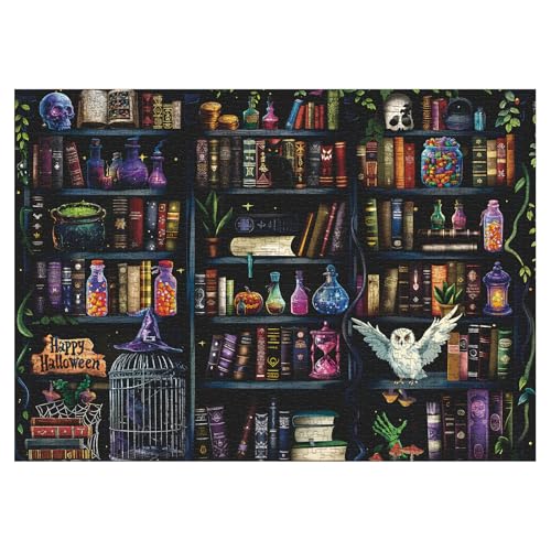 Larkipuzz Magic Book Library Puzzles for Adults 1000 Pieces Funny Halloween Bookshelf Jigsaw Puzzle Difficult Bottle Owl Art Puzzles - Image 5