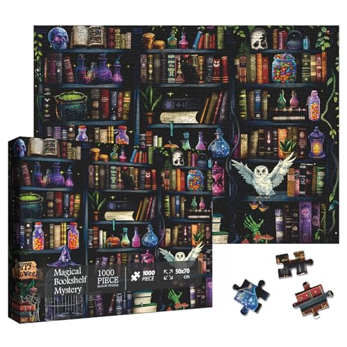 Larkipuzz Magic Book Library Puzzles for Adults 1000 Pieces Funny Halloween Bookshelf Jigsaw Puzzle Difficult Bottle Owl Art Puzzles - Image 1