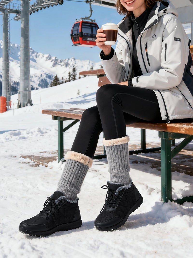 SHIBEVER Black Snow Boots for Women Winter Fur Lined Booties Waterproof Warm Anti-Slip Ankle Outdoor Casual Walking Shoes Size 7 - Image 2