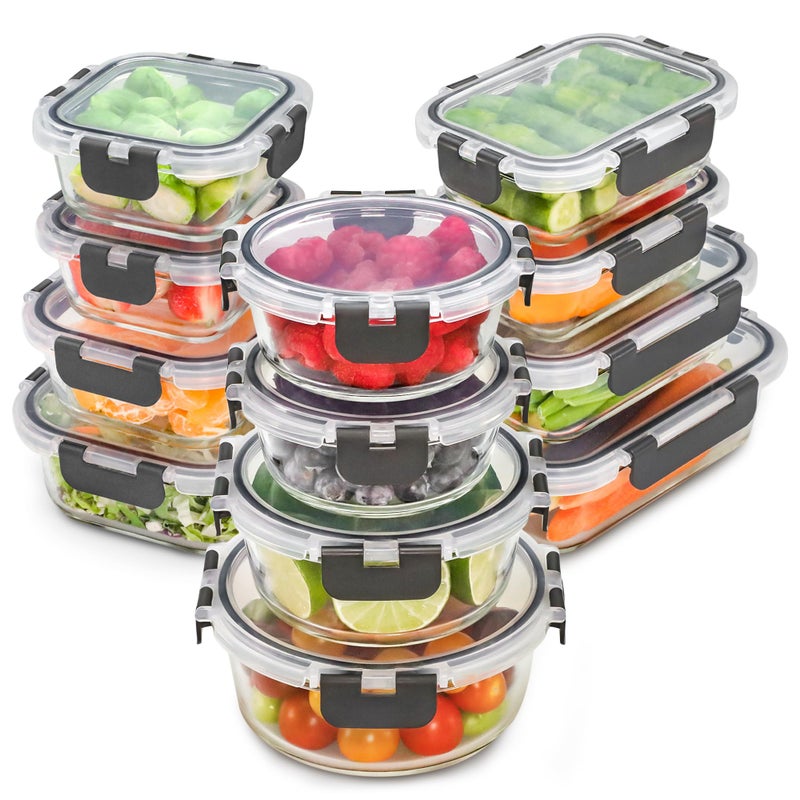 Freshware Glass Storage Containers with Lids, 24 Pieces, 12 Containers with 12 Lids, Glass Meal Prep Container for Lunch, Food Storage Containers, Leak Proof, Freezer Safe, Gray - Image 1