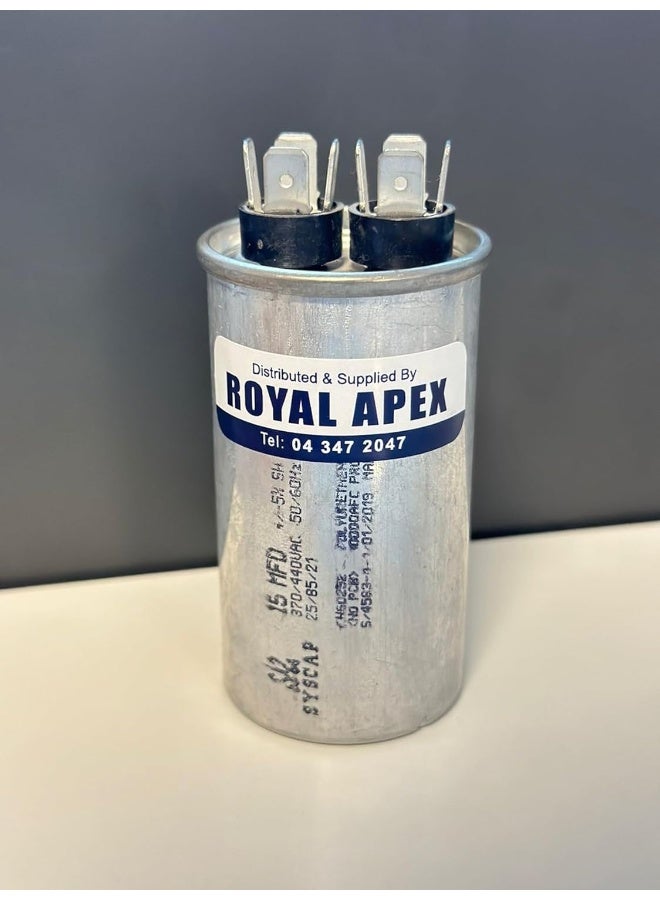 Royal Apex Burst Proof 2 Pin Round Capacitor with Aluminium Housing for AC, Motor Compressor etc | EN60252 CES2 RoHS Standards | Made in India (2 PIN 15MFD (15µF)) - Image 1