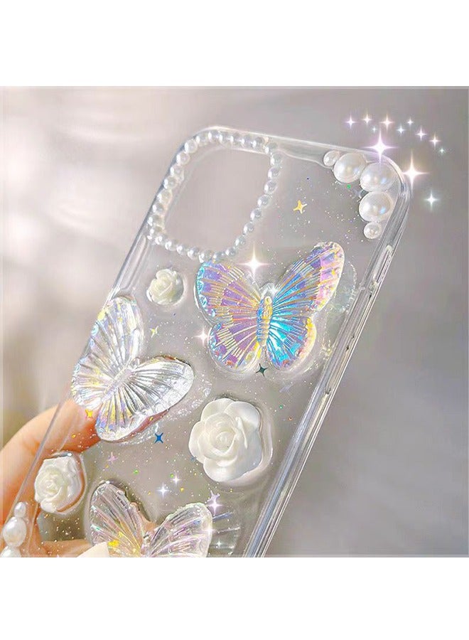 متوافق مع غطاء آيفون 15 برو ماكس كلير 3D فراشة مع جمالية روز زهرية لامعة جرلي جراب للنساء الفتيات غطاء TPU ناعم - Image 4