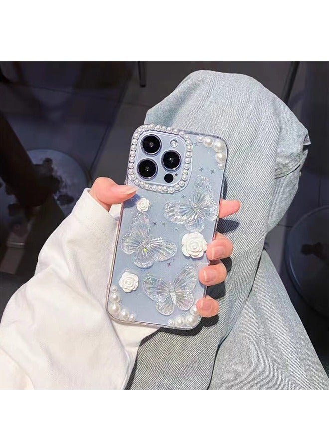 متوافق مع غطاء آيفون 15 برو ماكس كلير 3D فراشة مع جمالية روز زهرية لامعة جرلي جراب للنساء الفتيات غطاء TPU ناعم - Image 5