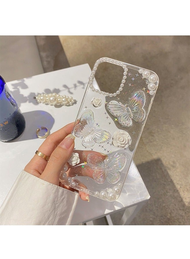 متوافق مع غطاء آيفون 15 برو ماكس كلير 3D فراشة مع جمالية روز زهرية لامعة جرلي جراب للنساء الفتيات غطاء TPU ناعم - Image 3