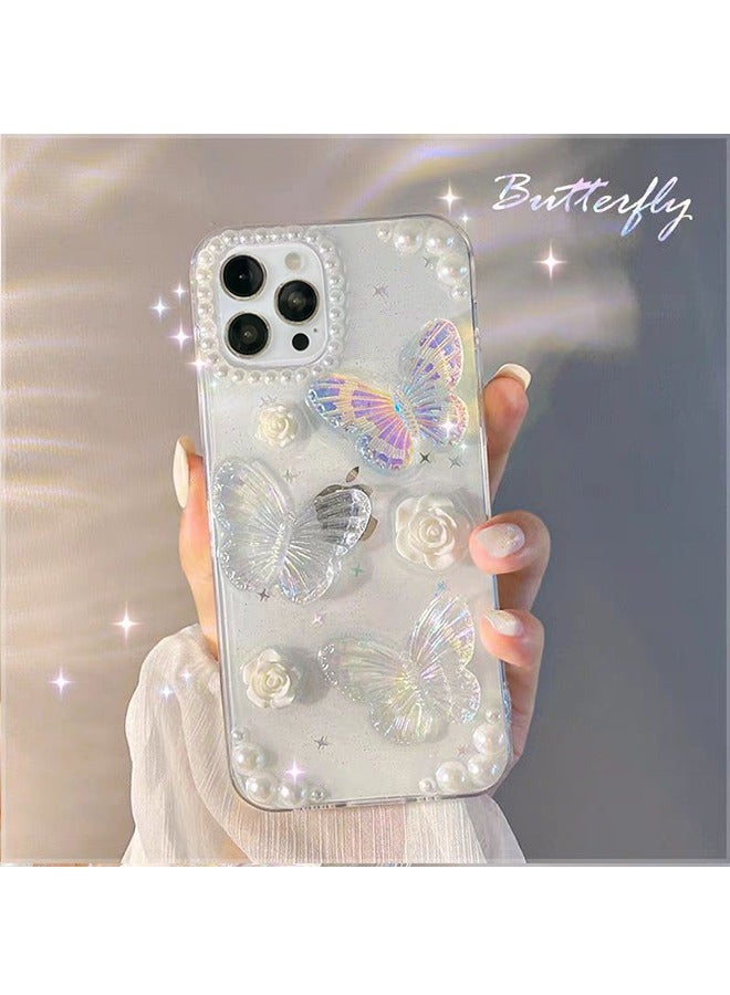 متوافق مع غطاء آيفون 15 برو ماكس كلير 3D فراشة مع جمالية روز زهرية لامعة جرلي جراب للنساء الفتيات غطاء TPU ناعم - Image 2