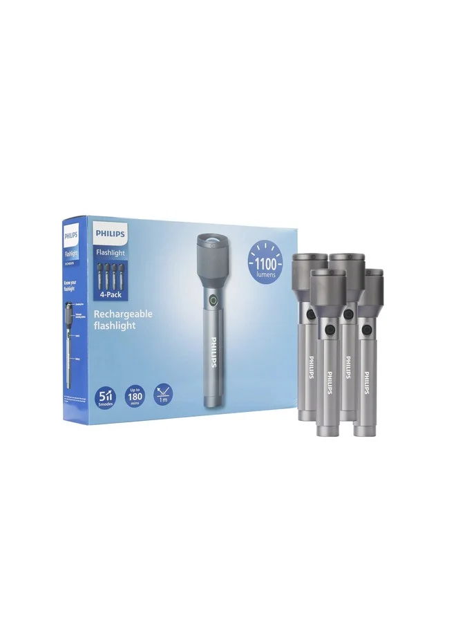 Philips 4-Piece 1100 Lumens Aircraft Aluminium Alloy Zoom LED Rechargeable Flashlight Grey and Black 22.5 x 3.2 x 5 cm SFL2143C4/56
