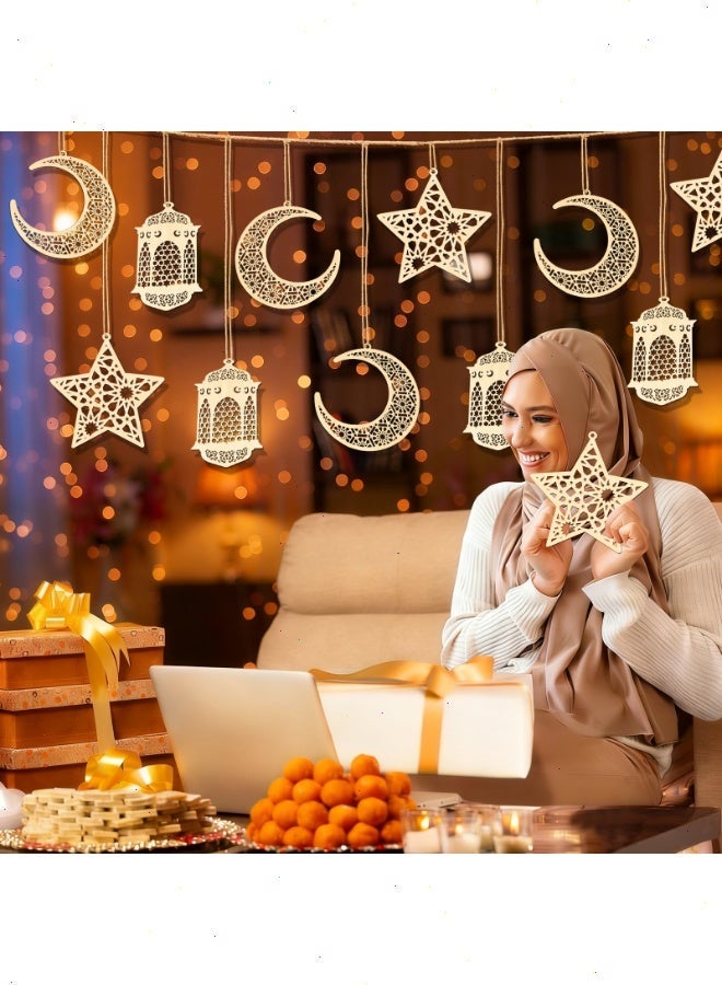 12 قطعة من زينة رمضان، زينة عيد مبارك، قلادة خشبية مجوفة، زينة رمضان، فانوس قمر معلق، زينة على شكل نجمة للمسلمين، زينة احتفالية إسلامية - Image 3