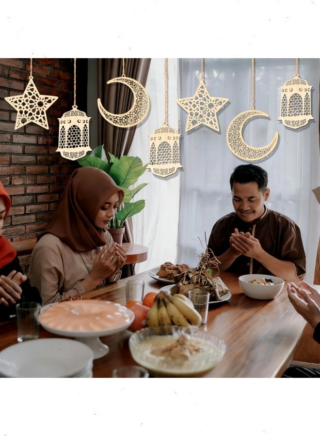 12 قطعة من زينة رمضان، زينة عيد مبارك، قلادة خشبية مجوفة، زينة رمضان، فانوس قمر معلق، زينة على شكل نجمة للمسلمين، زينة احتفالية إسلامية - Image 4
