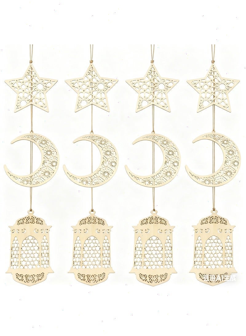 12 قطعة من زينة رمضان، زينة عيد مبارك، قلادة خشبية مجوفة، زينة رمضان، فانوس قمر معلق، زينة على شكل نجمة للمسلمين، زينة احتفالية إسلامية - Image 1