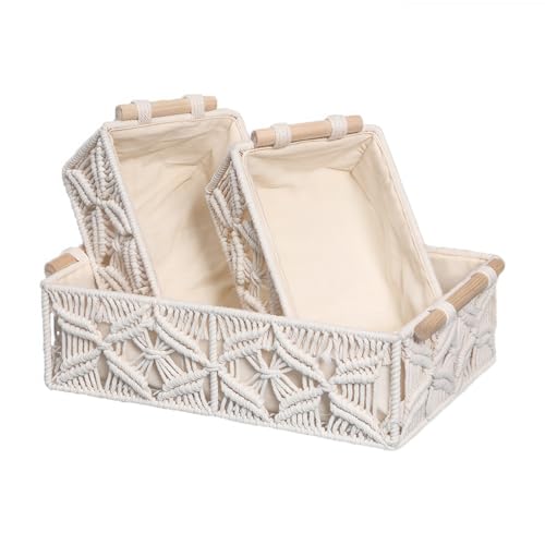 GIB cleaningtool GIB Macrame Storage Basket Boho Decor Boxes Small Woven Baskets for Organizing, Decorative Cute Rectangular Cube Storage Bins for Shelves Table Countertop Makeup Organizer, Set of 3 - Image 1