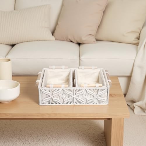 GIB cleaningtool GIB Macrame Storage Basket Boho Decor Boxes Small Woven Baskets for Organizing, Decorative Cute Rectangular Cube Storage Bins for Shelves Table Countertop Makeup Organizer, Set of 3 - Image 3