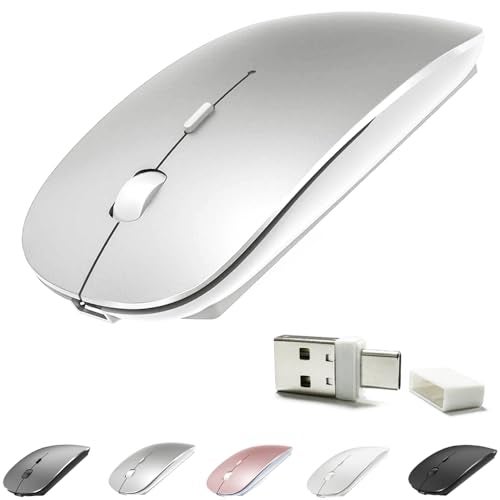 KLO 4 Modes Rechargeable Bluetooth Mouse BT3.0/5.2+USB-2.4G/Type-C,Wireless Mouse for MacBook pro/MacBook air/Laptop/iMac/ipad/Notebook/pc (BT/USB-C Silver) - Image 1