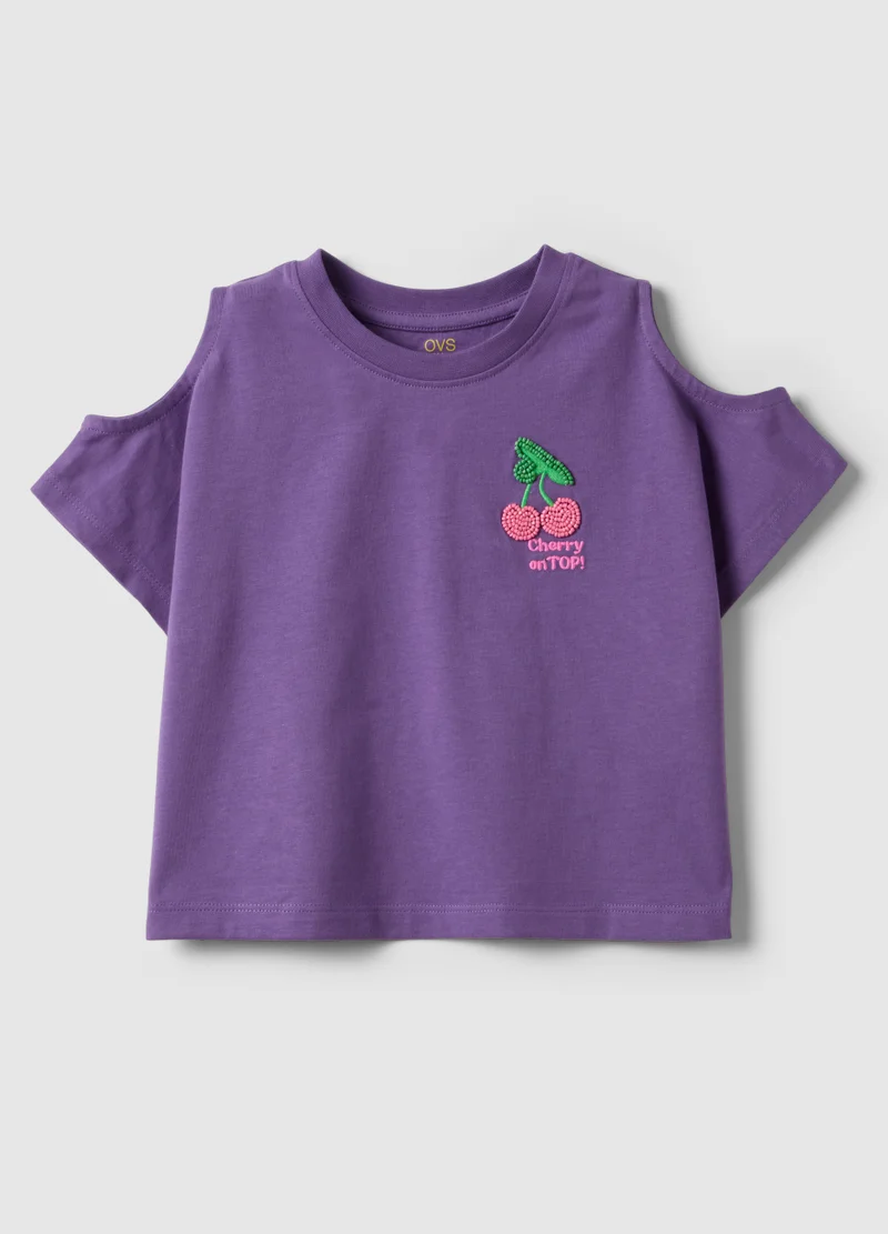 او في اس OVS Purple Pure Cotton Girlsâ€™ T-Shirt With Embroidery And Cut-Out Sleeves