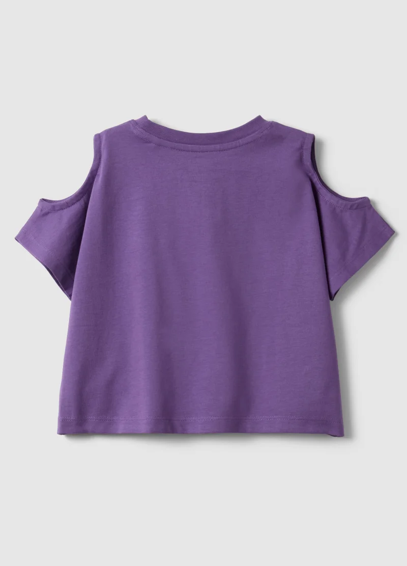 او في اس OVS Purple Pure Cotton Girlsâ€™ T-Shirt With Embroidery And Cut-Out Sleeves