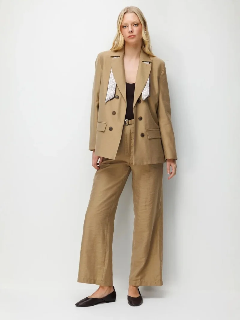 MixRay Tan Natural MIXRAY Linen Blazer Jacket with Scarf Detail for Women | Best Price UAE