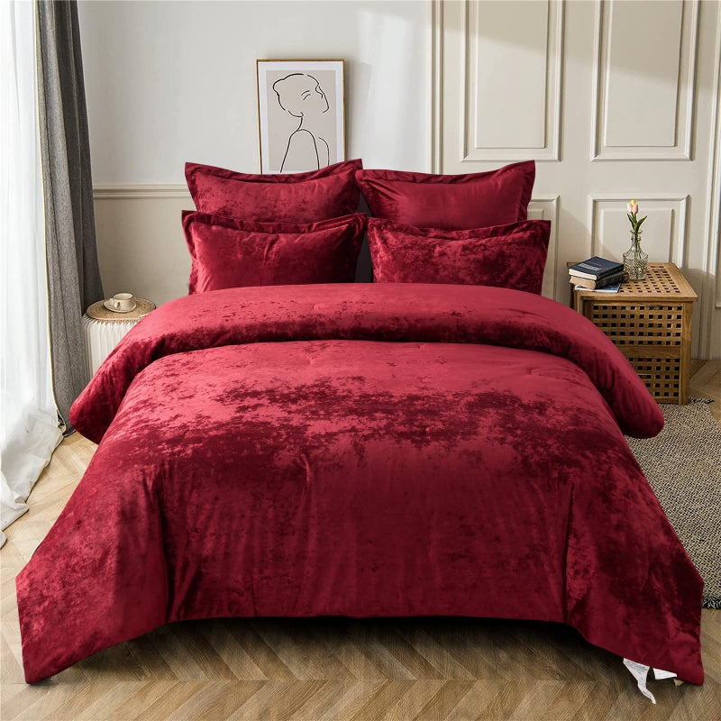 Fredsure Distressed Velvet Comforter Set 5 Pieces Burgundy Red King Distressed Velvet Face and Brushed Microfiber Reverse