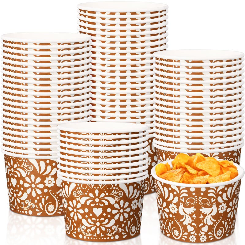 Potchen 50 Pack 9 oz Mexican Paper Bowls Mexican Disposable Paper Snack Cups Disposable Fiesta Terracotta Soup Bowls for Cinco De Mayo Fiesta Cielito Lindo Party Supplies for Dessert Hot or Cold Food - Image 1